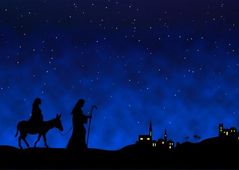 The Virgin Mary and Joseph traveling to Bethlehem